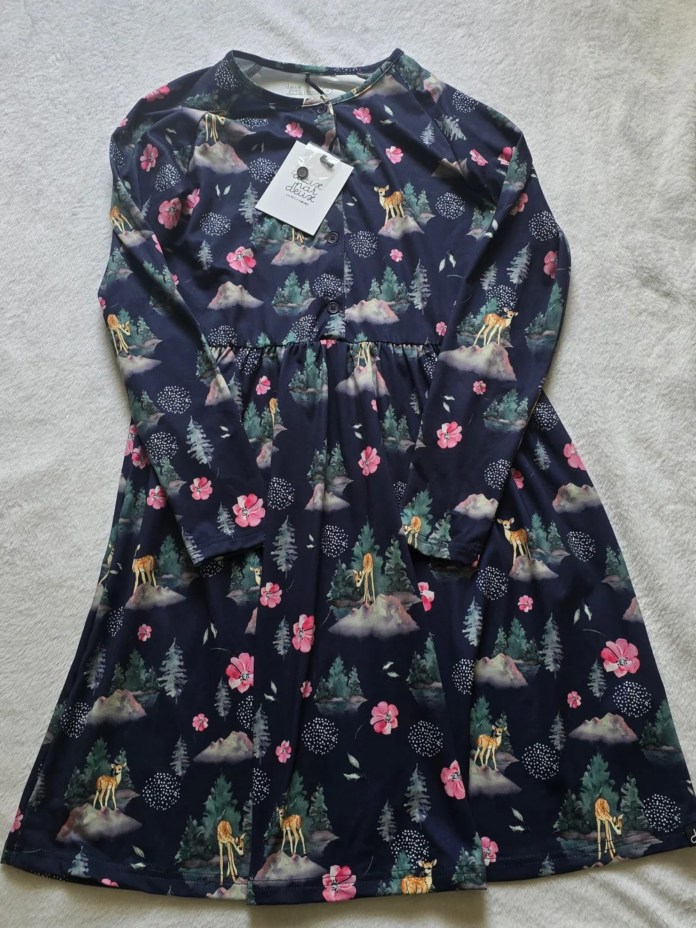 deux par deux Navy Long-Sleeve Dress with Pink Floral & Deer Print